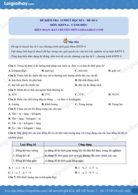 Đề kiểm tra 15 phút hk1 - đề số 4 Khoa học tự nhiên 6 có lời giải chi tiết